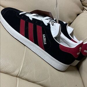 adidas Black Suede Gazelle Sneakers with Burgundy Stripes